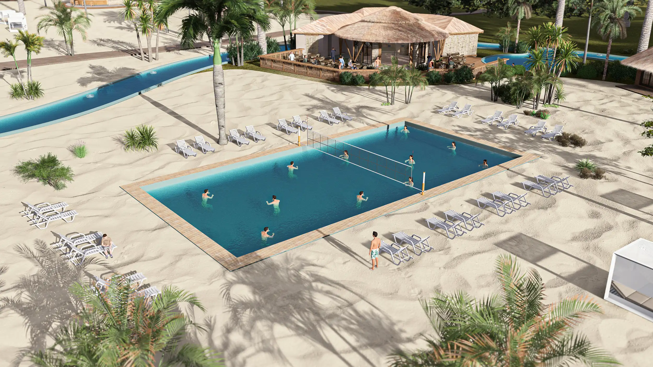 Family enjoying the lazy river and tropical surroundings